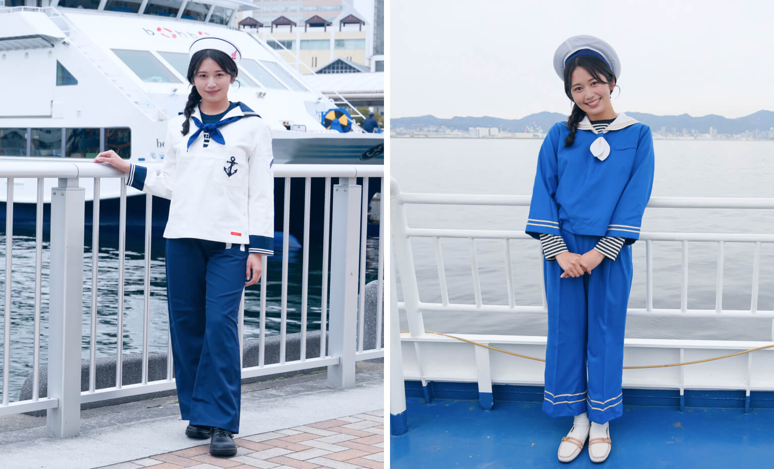 左：白セーラー服とセーラー帽、右：青セーラー服とセーラー帽を身につけているモデルの写真